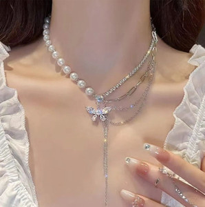 LBTK Rhinestone Butterfly Double Layer Pearl Necklace Sweet, Elegant & Unique Design Alloy Chain