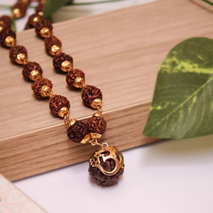 DIVINE HINDU Om 5 Mukhi Rudraksha Pendant Necklace | For Men & Women | Spiritual Jewelry Gold-plated Plated Brass Necklace