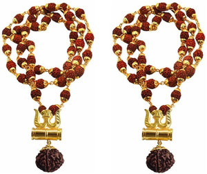 Ruhi Collection Religious Jewelry Lord Shiv Damru Locket With Puchmukhi Rudraksha Mala Gold-plated Plated Brass Chain Set