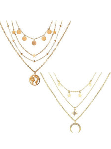 Vembley Pack Of 2 Gorgeous Multi Layered Star, Drop Half Moon and Earth Necklace Gold-plated Plated Alloy Layered