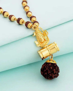 LETNIX Religious Jewelry Lord Shivji Damru Locket With Puchmukhi Rudraksha Mala(8MM 36Beads) Gold-plated Plated Wood Chain Gold-plated Plated Brass Chain