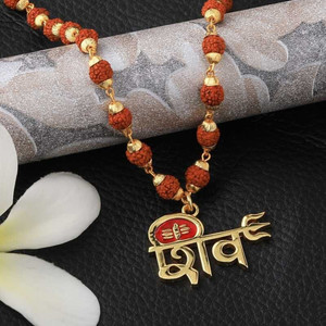 Green Spiritual Religious Jewelry Lord Shiv Locket With Puchmukhi Rudraksha Mala(8MM 36Beads) Gold-plated Plated Wood Chain