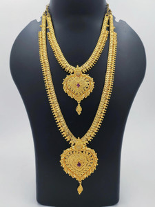 Hanaa Micro Gold Plated Gold Covering Combo Necklace and Haram For Women & Girls Cubic Zirconia Gold-plated Plated Copper Chain Set