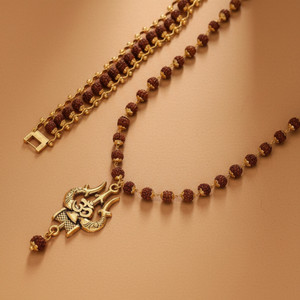 DIVINE HINDU Gold Plated Om Shiva 54 Bead Trishool Necklace | Rudraksha Brown Bracelet Combo Gold-plated Plated Wood Necklace