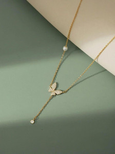 Samna Handicrafts rhinestone korean butterfly drop necklace Cubic Zirconia Silver Plated Alloy Necklace