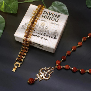 DIVINE HINDU Gold Plated Om Shiva 54 Bead Trishool Necklace + Rudraksha Brown Bracelet Combo Gold-plated Plated Wood Necklace