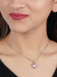 BISHTY Pink Heart Pendant Chain for Girls|Valentine's day gifts| Stylish Delicate Chain Cubic Zirconia Silver Plated Stainless Steel Chain