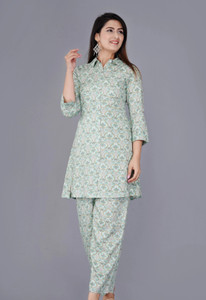 MintMarie Women Printed Green Night Suit Set