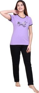 AZF Women Printed Purple, Black Top & Pyjama Set