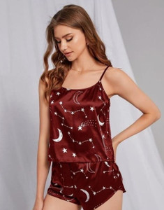 Dreamish Women Printed Maroon Top & Shorts Set