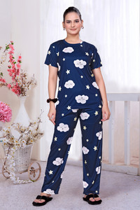 BlackBasket Women Printed Dark Blue Night Suit Set