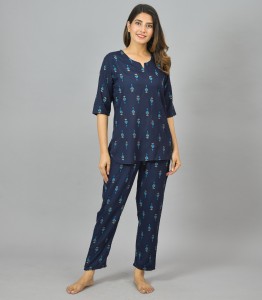 KALAVISHA Women Printed Dark Blue Top & Pyjama Set
