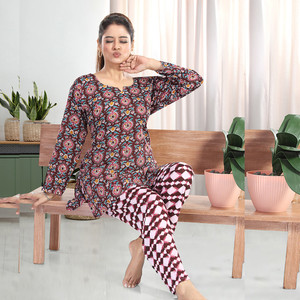 Gutthi Women Printed Beige Top & Pyjama Set