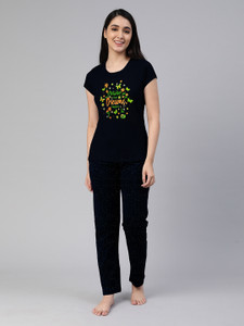 Lyra Women Graphic Print Black Top & Pyjama Set