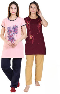 DG Divine GirL Women Printed Pink, Maroon Top & Pyjama Set