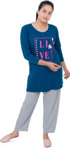 E-MAX Women Printed Grey, Dark Green Night Suit Set