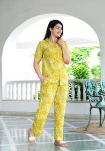 PRADHRUHE Women Printed Yellow Shirt & Pyjama set