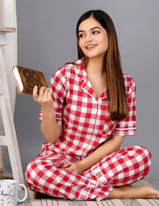 Ameerah Women Checkered Red Shirt & Pyjama set