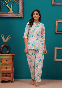 Madfury Women Floral Print White Night Suit Set