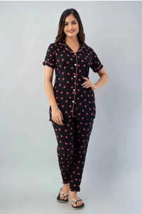 NF TOPS Women Printed Black, Pink Top & Pyjama Set