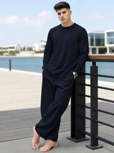 BLIVE Men Solid Dark Blue Night Suit Set