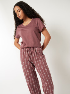 MAX Women Printed Maroon Top & Pyjama Set
