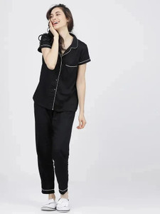 GORDHAN Women Solid Black Shirt & Pyjama set
