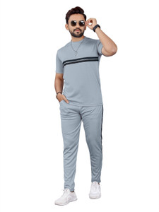 BALUDAENTEPRISE Men Striped Grey, Black Night Suit Set