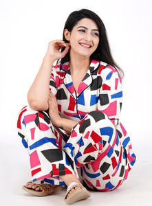PRADHRUHE Women Printed Pink, Blue Shirt & Pyjama set