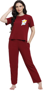 urban cat Women Printed Maroon Top & Pyjama Set