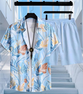 SHIVFORYOU Men Printed, Floral Print Light Blue Night Suit Set
