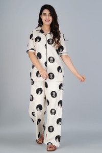DAMMODE Women Printed Black, White Shirt & Pyjama set