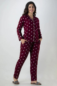 TIGERSNAKE Women Printed Maroon Shirt & Pyjama set