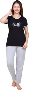 AZF Women Printed Black Top & Pyjama Set