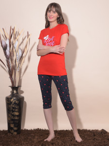 Dollar Missy Women Graphic Print, Solid Red Night Suit Set