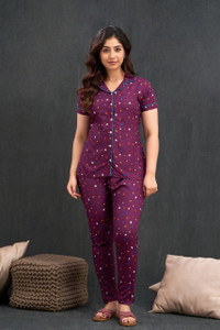 PINGALA Women Printed Purple Night Suit Set