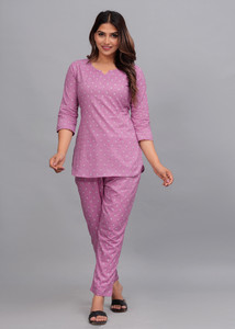 DAMMODE Women Floral Print Pink Night Suit Set