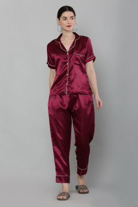 Purser Women Solid Maroon Night Suit Set