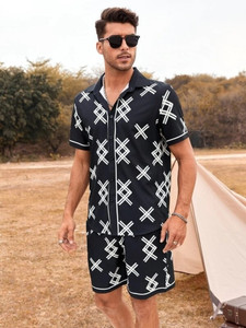GLORI STAR Men Printed Black Night Suit Set