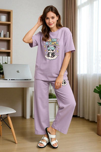 Elvia Women Graphic Print Purple Top & Pyjama Set