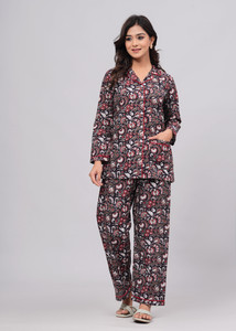 DAMMODE Women Floral Print Black Shirt & Pyjama set