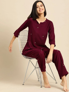 DreamBe Women Solid Maroon Night Suit Set