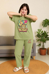 Elvia Women Printed Light Green Top & Pyjama Set