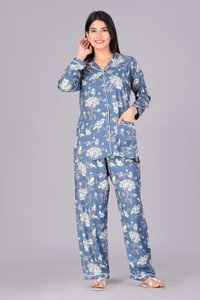 BST TEXTILES Women Printed Blue Shirt & Pyjama set