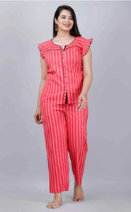 Blackoont Women Striped Red Top & Pyjama Set