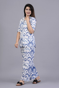 DAMMODE Women Printed White, Blue Shirt & Pyjama set