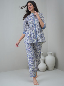 Sanskrutihomes Women Printed White, Blue Night Suit Set