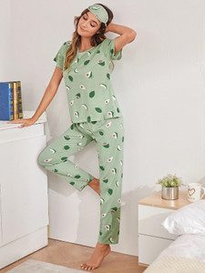 Shienzy Women Printed Green Night Suit Set