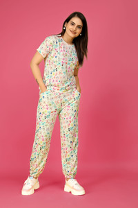 BHULAX Women Printed Multicolor, White Top & Pyjama Set