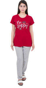 E-MAX Women Printed Maroon, Grey Top & Pyjama Set